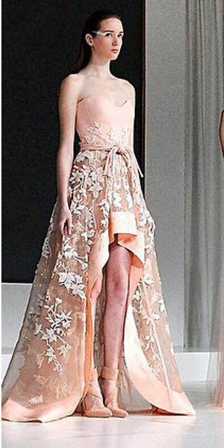 High Low Sweetheart Strapless A Line Lace Prom Dresses DMF98