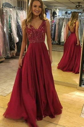 Burgundy A-line V Neck Chiffon V Back Long Prom Dresses with Sequins DMP101
