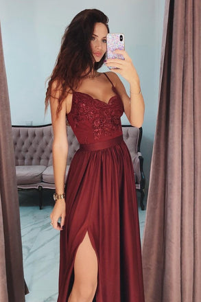 Burgundy A Line V-Neck Long Spaghetti Strap Split Prom Dresses With Lace DMH74