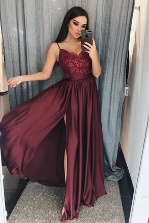 Burgundy A Line V-Neck Long Spaghetti Strap Split Prom Dresses With Lace DMH74