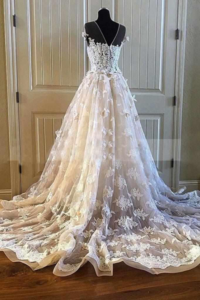 Charming Lace Long A Line Prom Dress, Long Wedding Dress With Cap Sleeves DME92