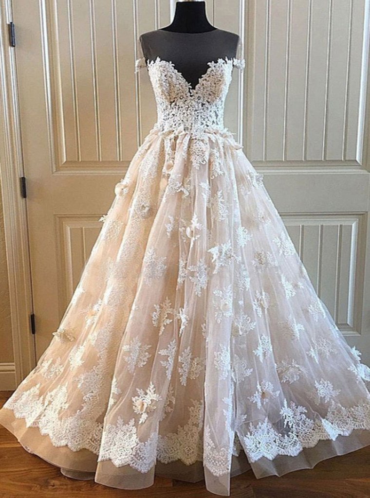 Charming Lace Long A Line Prom Dress, Long Wedding Dress With Cap Sleeves DME92