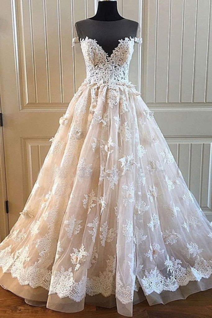 Charming Lace Long A Line Prom Dress, Long Wedding Dress With Cap Sleeves DME92
