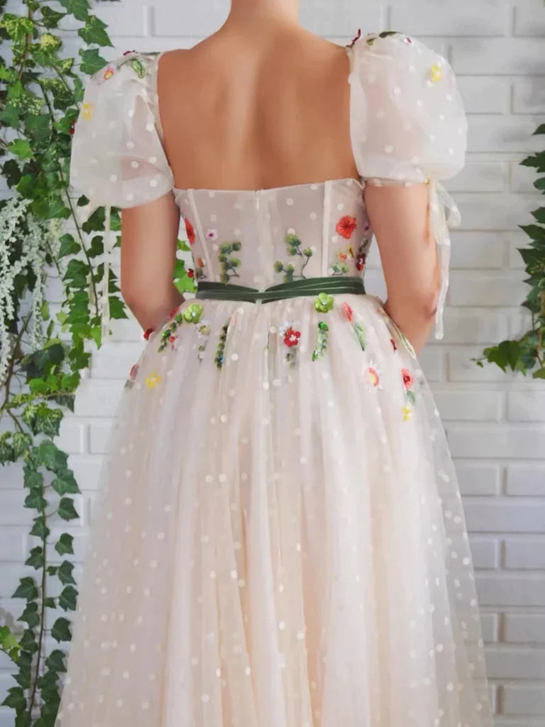 Cap Sleeves Floral Long Prom Dresses, Formal Graduation Evening Dresses With 3D Flowers DMP323