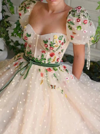 Cap Sleeves Floral Long Prom Dresses, Formal Graduation Evening Dresses With 3D Flowers DMP323