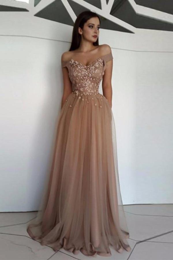 A Line Off Shoulder Tulle Lace Appliques Long Prom Dresses, Formal Dresses, Graduation Dresses DMJ16