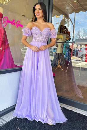 Charming A Line Sweetheart Lavender Chiffon Prom Dresses with Lace DMP287