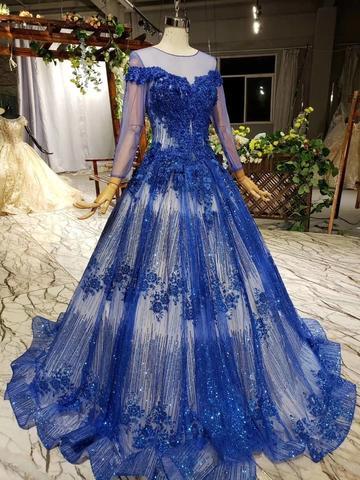 Charming Long Sleeve Tulle Royal Blue Applique Ball Gown Prom Dresses with Beads DMN74