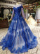 Charming Long Sleeve Tulle Royal Blue Applique Ball Gown Prom Dresses with Beads DMN74
