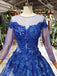 Charming Long Sleeve Tulle Royal Blue Applique Ball Gown Prom Dresses with Beads DMN74