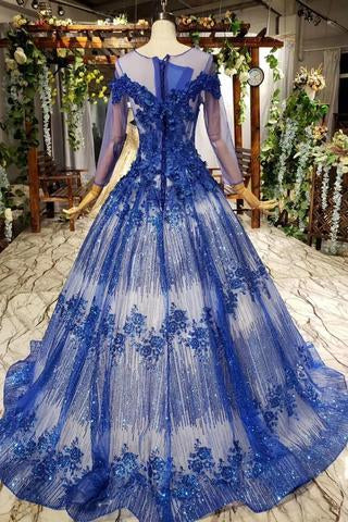 Charming Long Sleeve Tulle Royal Blue Applique Ball Gown Prom Dresses with Beads DMN74