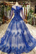 Charming Long Sleeve Tulle Royal Blue Applique Ball Gown Prom Dresses with Beads DMN74