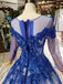 Charming Long Sleeve Tulle Royal Blue Applique Ball Gown Prom Dresses with Beads DMN74