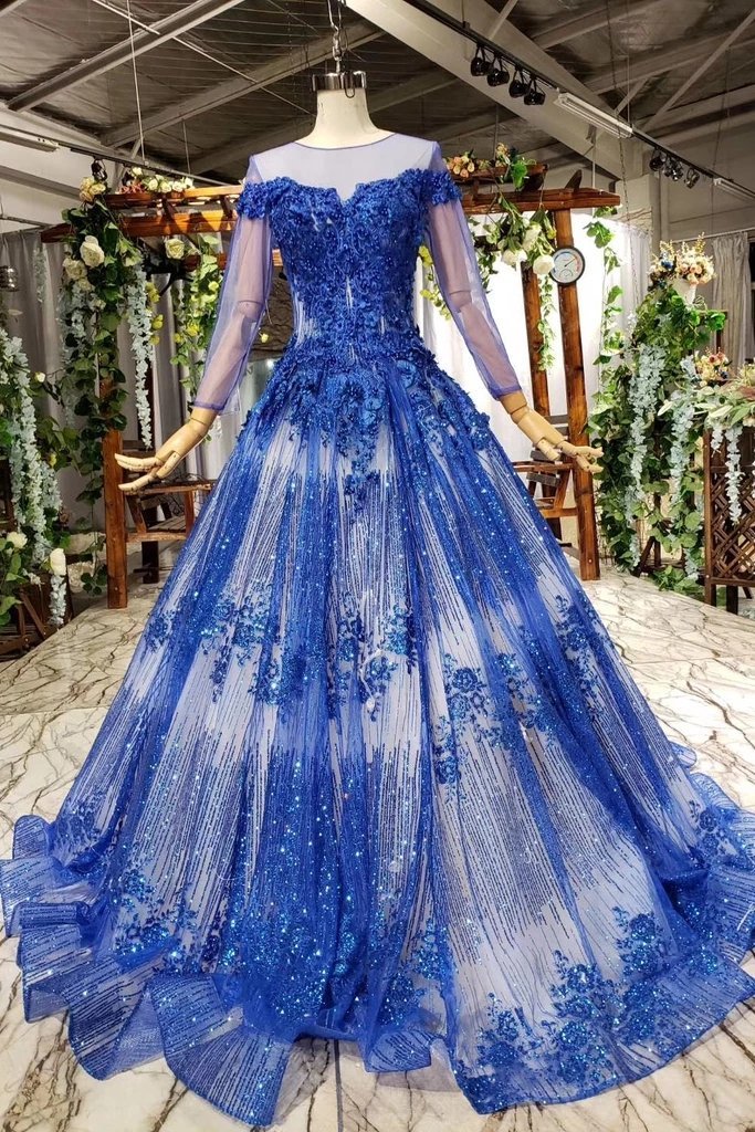 Charming Long Sleeve Tulle Royal Blue Applique Ball Gown Prom Dresses with Beads OKN74 Demodresses
