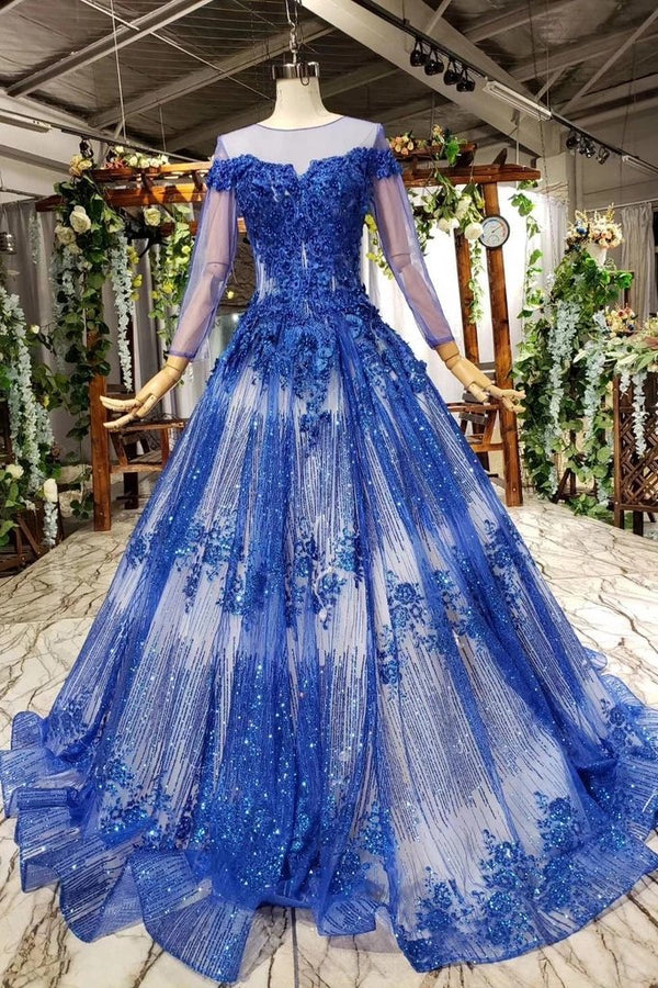 long sleeve applique prom dress Chic Long Sleeve Prom Dresses Blue Sweetheart Evening Dresses Floral A   SELINADRESS