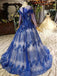 Charming Long Sleeve Tulle Royal Blue Applique Ball Gown Prom Dresses with Beads DMN74