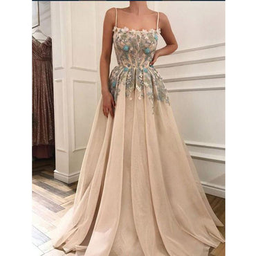 Charming Spaghetti Straps Appliques A-line Formal Long Prom Dresses DMH14