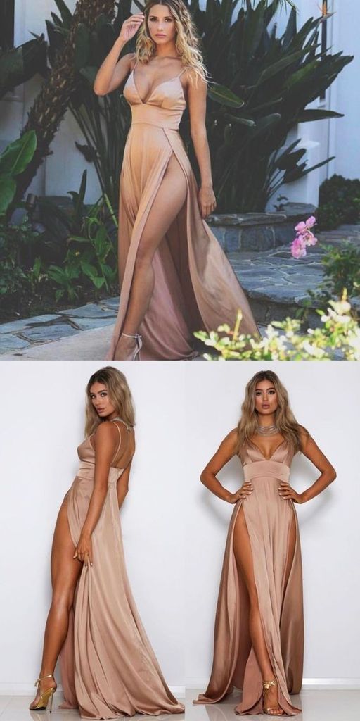 A Line Spaghetti Straps Sexy Slit Prom Dresses. Cheap Long Evening Dress  OKJ26 – Demodresses