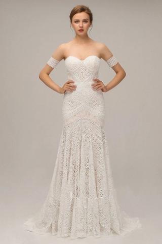Charming Ivory Lace Mermaid Beach Wedding Dresses Sweetheart Boho Bridal Dresses DMN95