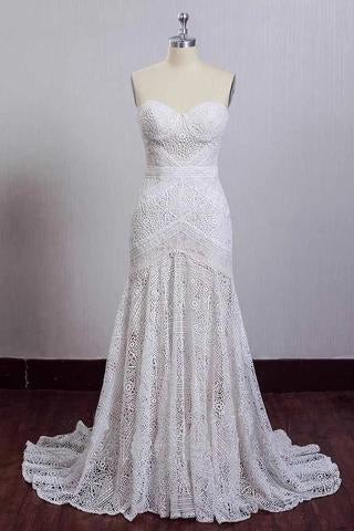 Charming Ivory Lace Mermaid Beach Wedding Dresses Sweetheart Boho Bridal Dresses DMN95