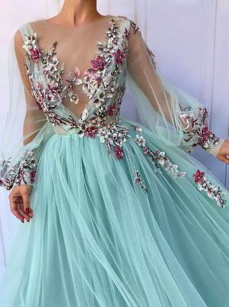 Princess Scoop Floral Appliques Long Puffy Sleeves Prom Dress DMI31