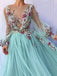 Princess Scoop Floral Appliques Long Puffy Sleeves Prom Dress DMI31