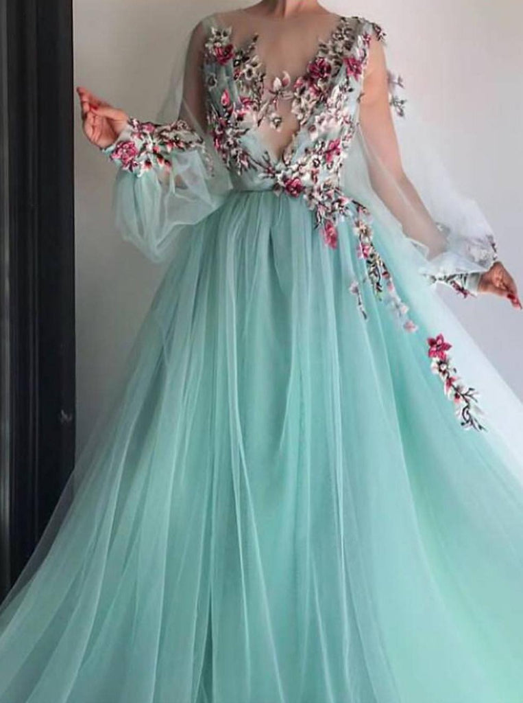 Princess Scoop Floral Appliques Long Puffy Sleeves Prom Dress DMI31