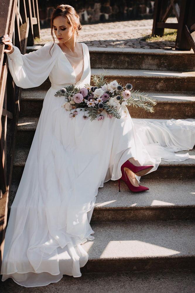 Simple Chiffon V Back Wedding Gown Long Puffy Sleeves Beach Wedding Dr Demodresses Simple Chiffon V Back Wedding Gown Long Puffy Sleeves Beach Wedding Dr Demodresses