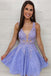 Cute V Neck Purple Lace Short Prom Dress, Lilac Lace Homecoming Dresses DMHD18