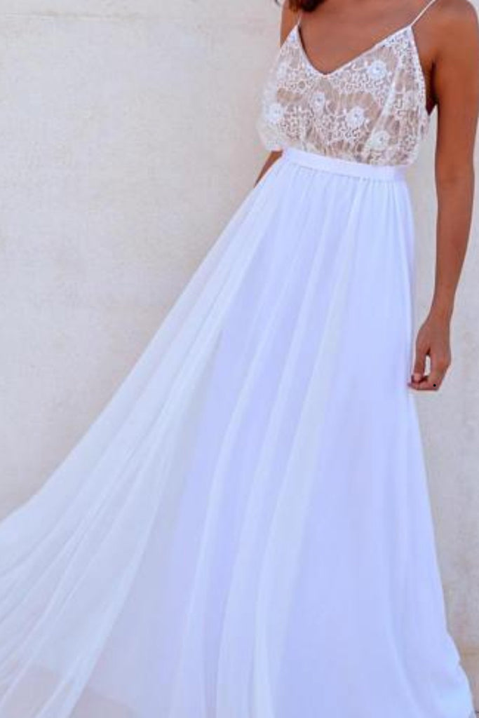 White Chiffon Long Beach Wedding Dresses,Simple Prom Dresses DMC33