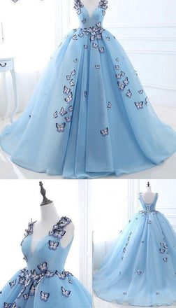 Ball Gown Long Sky Blue Butterfly V Neck Prom Dress,Quinceanera Dresses DME79