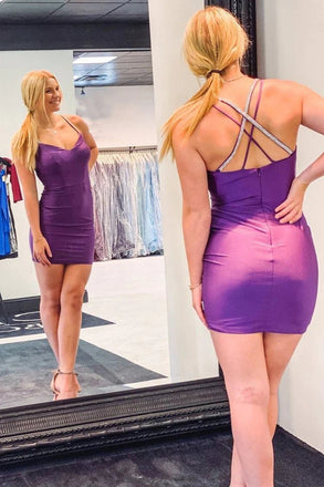 Purple Spaghetti Straps Homecoming Dress Sheath Short Prom Dress With Beads DMHD39