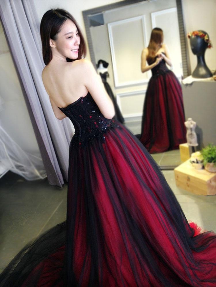 Burgundy Lace Tulle A Line Strapless Long Prom Dress DM947
