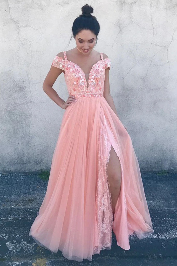 Deep V Neck Off Shoulder Pink Lace Floral Prom Dress, Formal Evening Dresses DMP192