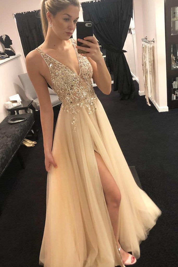 Cheap V-Neck Beading Tulle Long Prom Dress, Junior Split Evening Party Dress DMI32