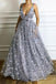 Deep V-Neck Long Flowers Lace Grey Prom Evening Dress A-Line Formal Dresses DMG10