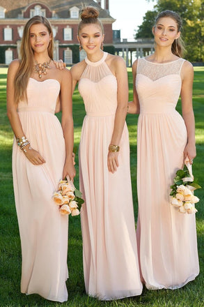 Simple Chiffon Blush Pink A Line Floor-Length Cheap Bridesmaid Dresses DMD61