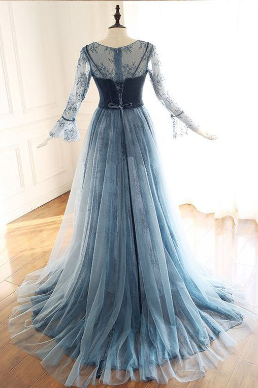 Blue Gray Lace Long Sleeves Tulle Formal Prom Dresses A Line Evening Dresses DMP191