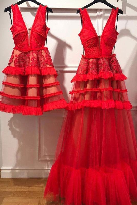 Charming Red V Neck Tulle Long Prom Dress, Evening Ddress DMP62