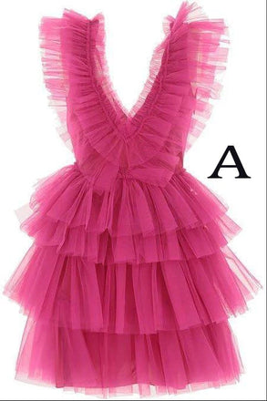 A Line Hot Pink V Neck Tiered Homecoming Dresses, Cute Tulle Short Prom Party Dresses DMHD37