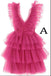 A Line Hot Pink V Neck Tiered Homecoming Dresses, Cute Tulle Short Prom Party Dresses DMHD37
