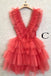A Line Hot Pink V Neck Tiered Homecoming Dresses, Cute Tulle Short Prom Party Dresses DMHD37
