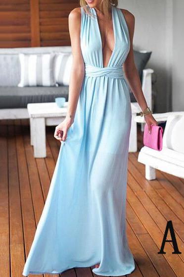Sheath/Column V-neck Chiffon Floor-length Ruffles Blue Backless Sexy Prom Dresses DM182