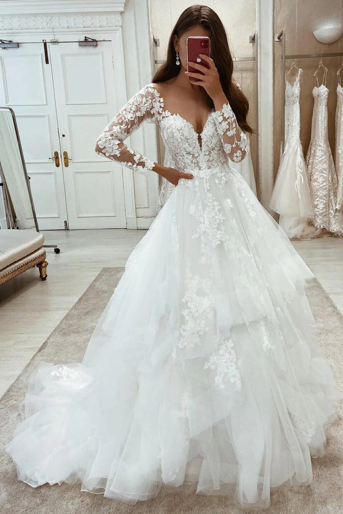 Elegant A-line Long Sleeves Lace Appliques Tiered Tulle Wedding Dresses DM1930