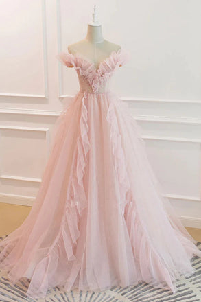 Elegant Off the Shoulder Pink Tulle Long Prom Dresses, Formal Evening Dresses DMP320