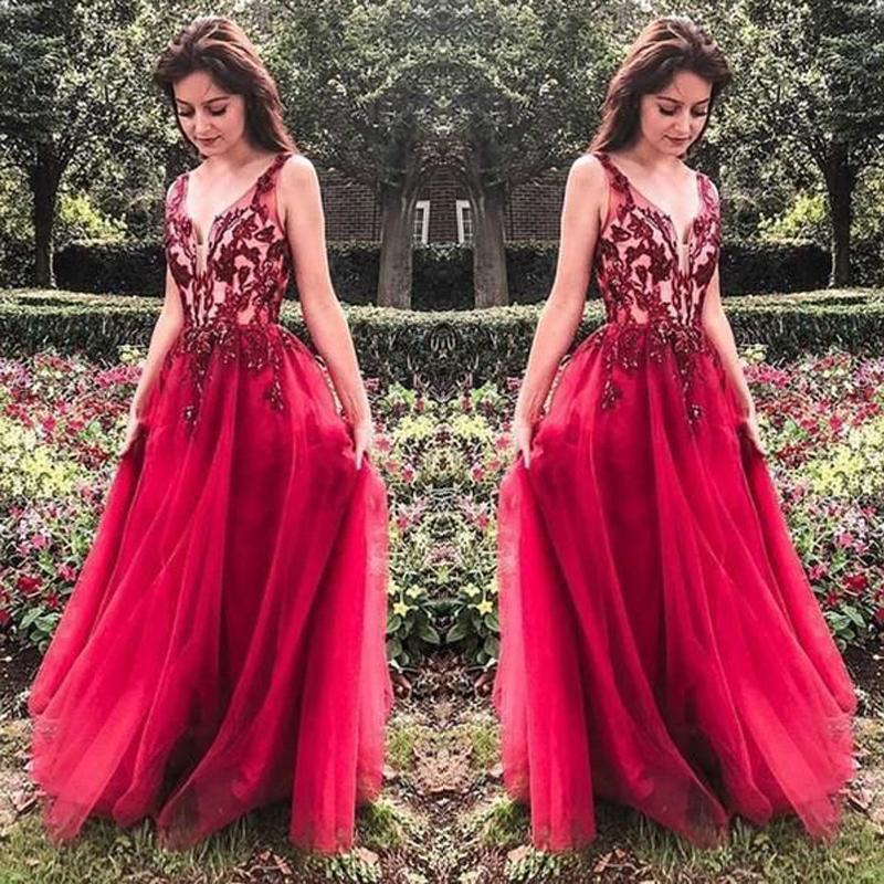 Unique Red V Neck Tulle Appliques Prom Dresses, Long Party Gowns DMH15