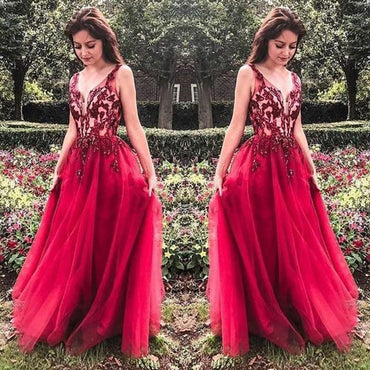 Unique Red V Neck Tulle Appliques Prom Dresses, Long Party Gowns DMH15