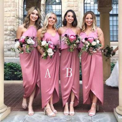 Modest Pink High Low Long Bridesmaid Dress with Ruffles DMG62