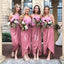 Modest Pink High Low Long Bridesmaid Dress with Ruffles DMG62