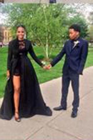 Vintage Long Sleeve Sexy Black A-Line Lace Satin Prom Dresses DME16